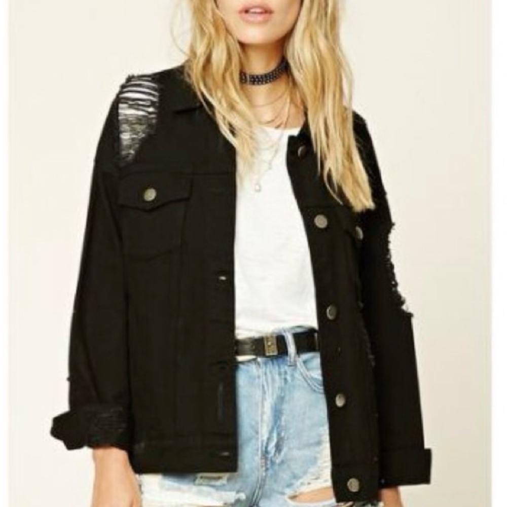 Forever 21 Black Distressed Ripped Denim Jacket Size M